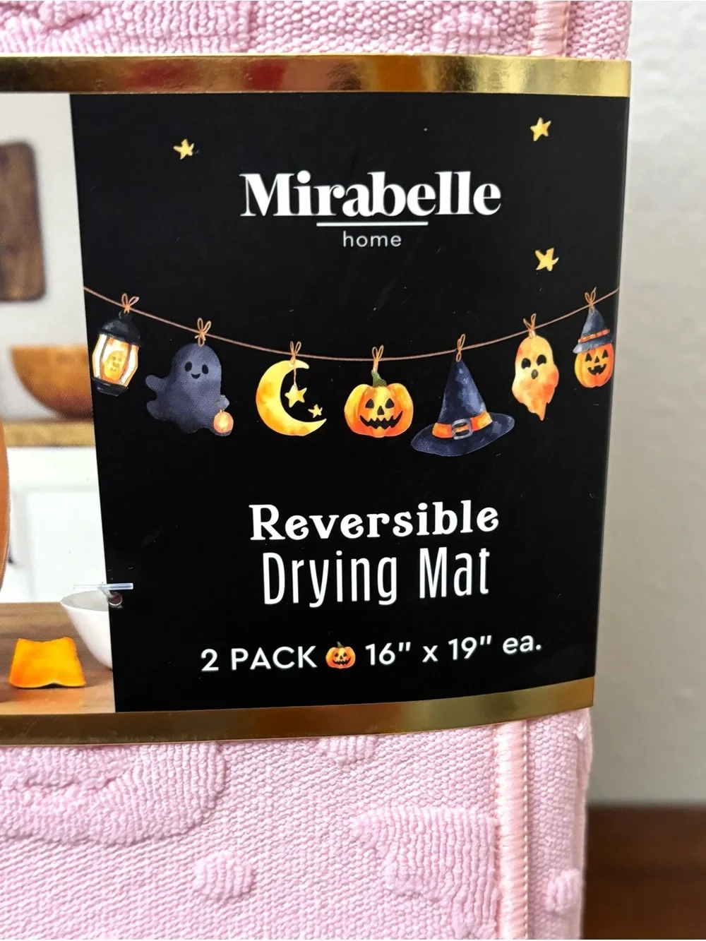 HALLOWEEN DISH DRYING MATS SET OF 2 REVERSIBLE PINK SCULPTED GHOST PUMPKIN BAT